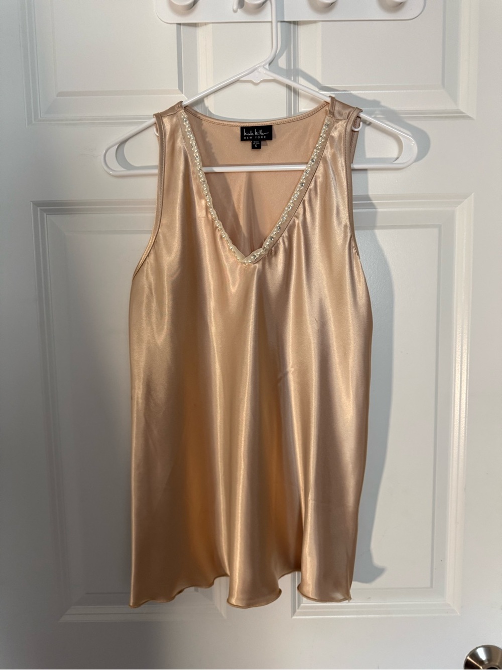 Nicole Miller Satin V-Neck Slip Tank in Champagne